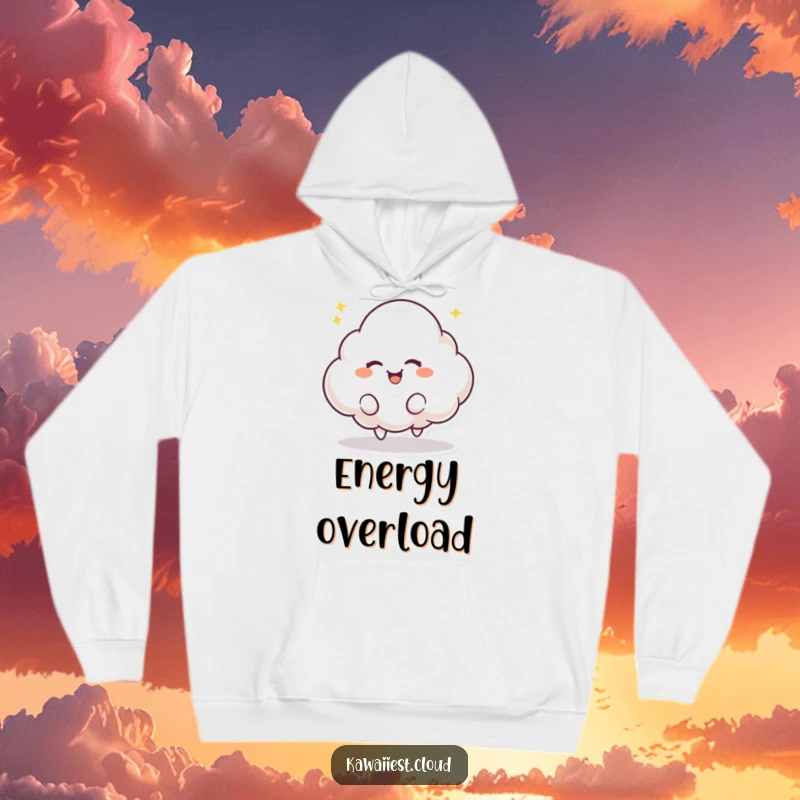 Funny hoodie featuring a playful cloud character with a mischievous twinkle, bouncing with excitement. Cozy and energetic.