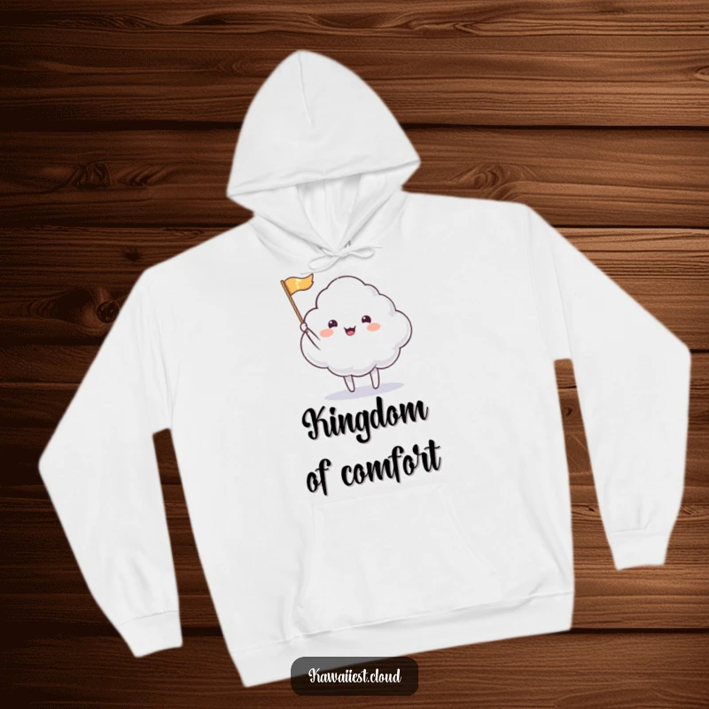Funny Hoodie: A cheerful cloud character joyfully waving a tiny, shimmering flag, radiating happiness and welcome.