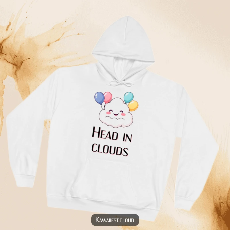 Funny hoodie showcasing a happy cloud character with a wide smile holding onto a bunch of bright balloons. Cozy and humorous apparel.