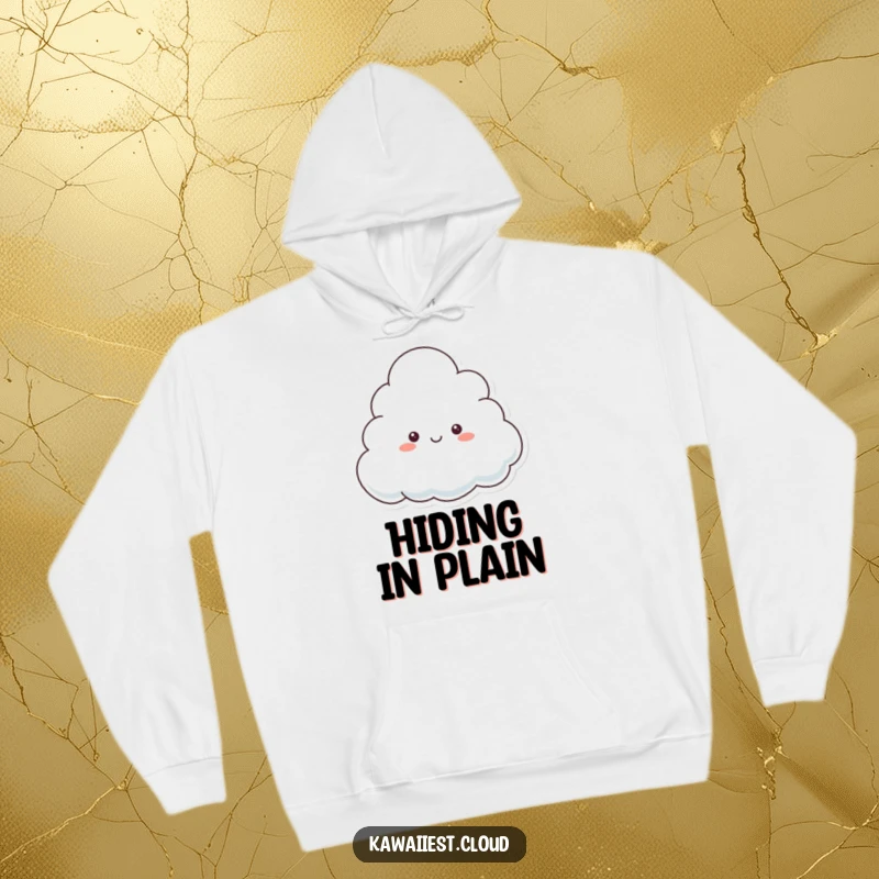 Funny Hoodie depicting a playful cloud character peeking from behind a larger cloud, embodying a sense of charming mischief.