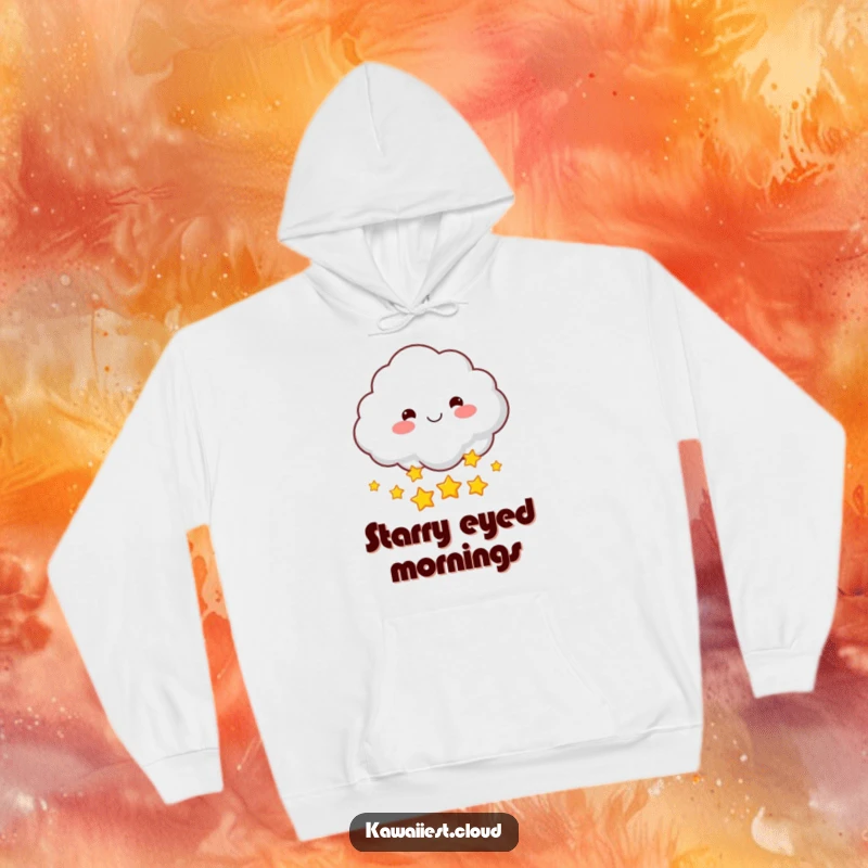 Funny hoodie featuring a smiling cloud character with rosy cheeks, showering a handful of bright stars. Cozy and magical.