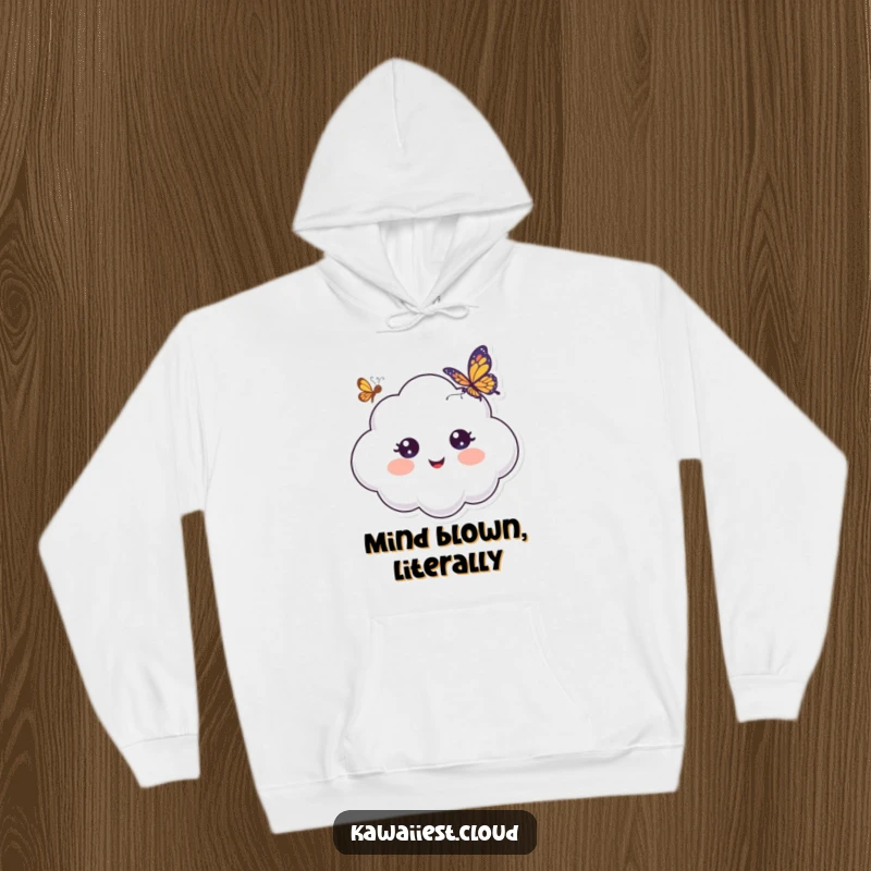 Funny Hoodie featuring a cheerful cloud character with wide, surprised eyes, captivated by a butterfly's gentle presence.