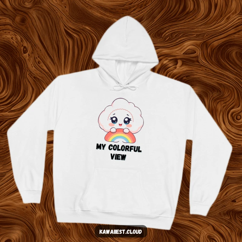 Funny cloud hoodie, a delighted cloud with big eyes watches a rainbow form, bringing warmth and cheerful wonder.