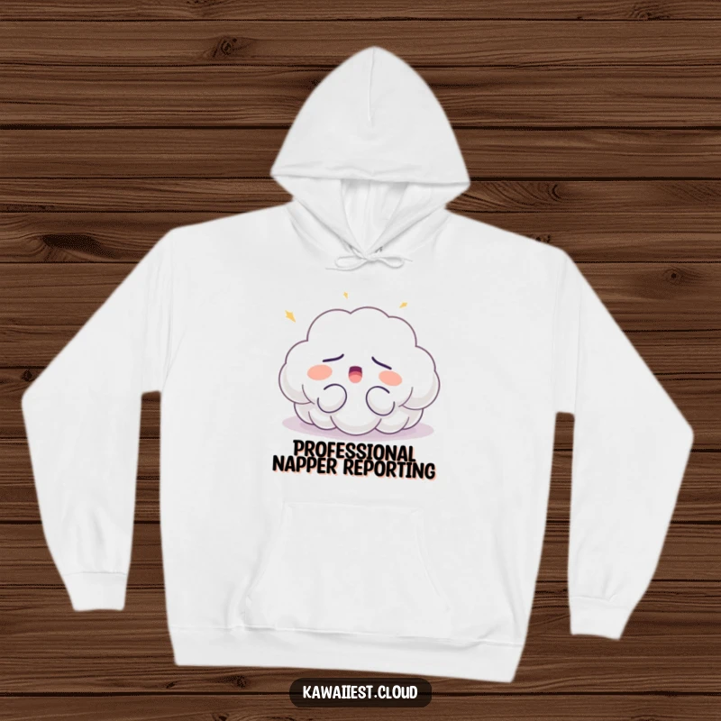 Funny sleepy cloud hoodie character in a relaxed pose, yawning contentedly under a soft, warm light, radiating peace and coziness.