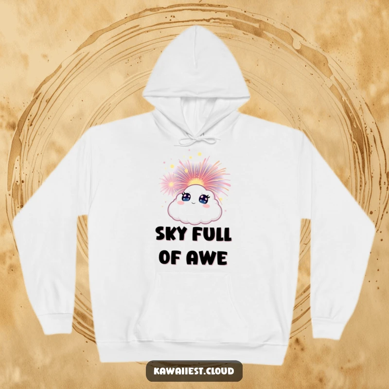 Funny Cloud Hoodie depicting a character with wide eyes, captivated by a magical, blooming firework.