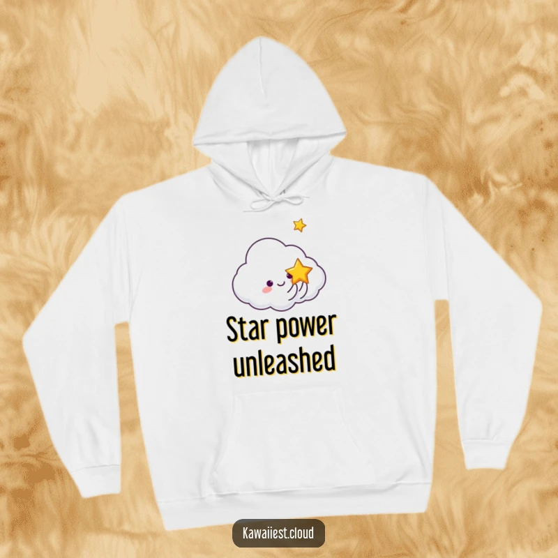 Funny hoodie showcasing a cloud character gleefully tossing a tiny, smiling star into the sky.