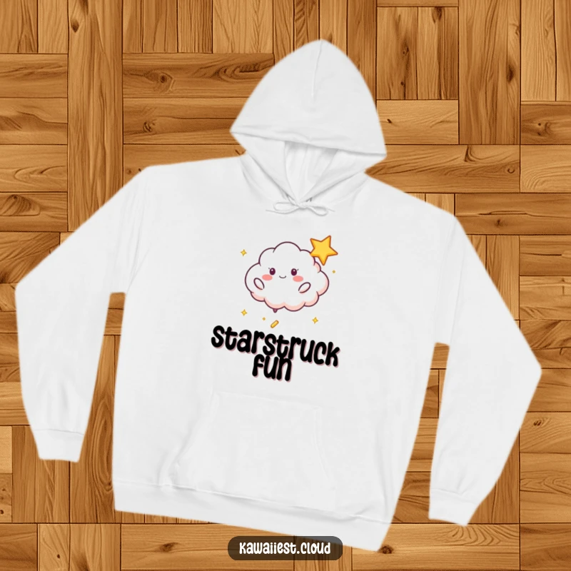 Funny Playful Cloud Hoodie: A cozy sweatshirt featuring a playful cloud character bouncing a shimmering star with joy.