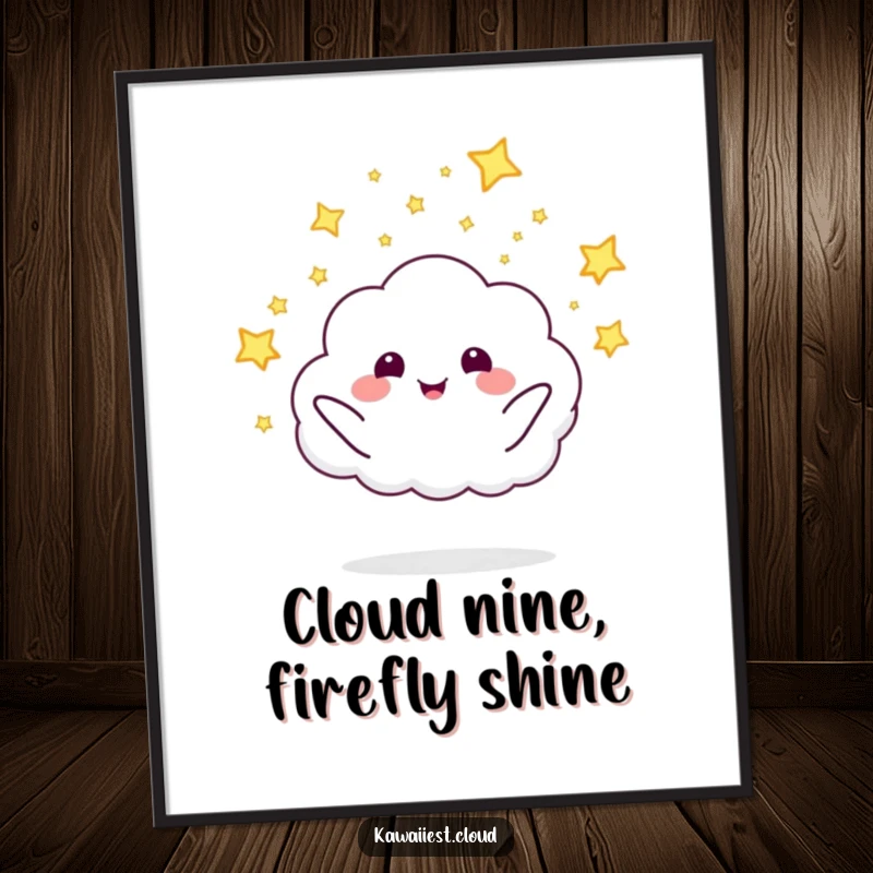 Whimsical free printable wall art of a smiling cloud enthusiastically launching tiny, glowing fireflies, creating a magical nighttime scene.
