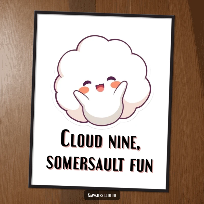 Funny Free Printable Wall Art: A joyful cloud character in mid-somersault, conveying pure happiness and lightheartedness.