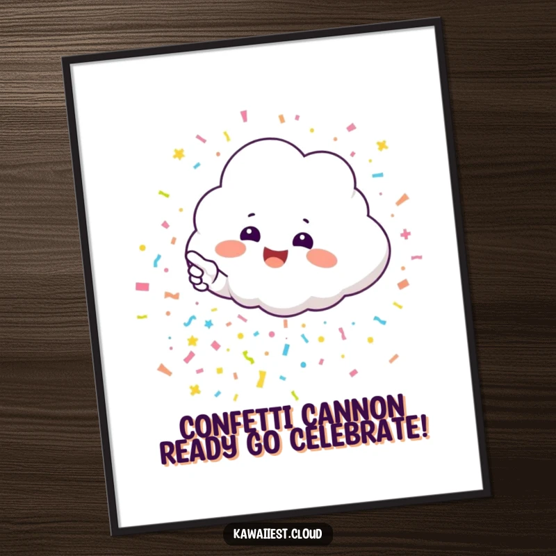 Funny Free Printable Wall Art: A cute, smiling cloud character joyfully points at a vibrant explosion of festive confetti.