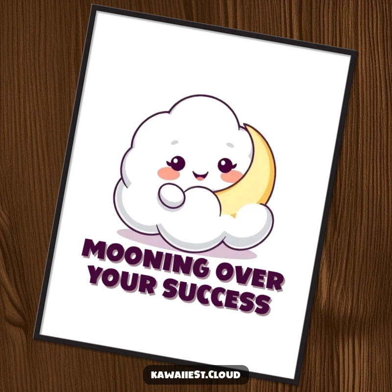 Funny Free Printable Cloud Moon Wall Art: A playful cloud character gently interacting with a serene crescent moon.