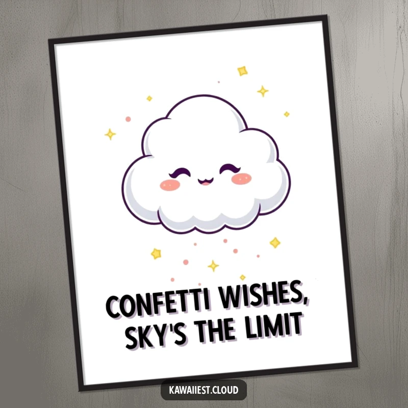Funny free printable wall art: a cloud character with a mischievous twinkle drops sparkling confetti, creating a whimsical, celebratory atmosphere.