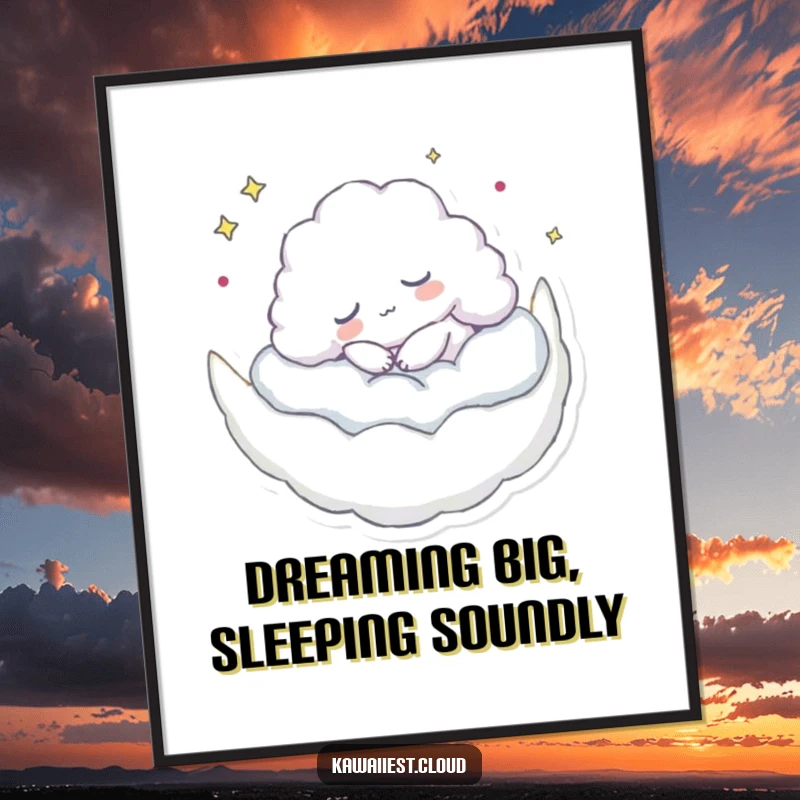 Funny free printable wall art depicting a content cloud character napping peacefully on a fluffy crescent moon.