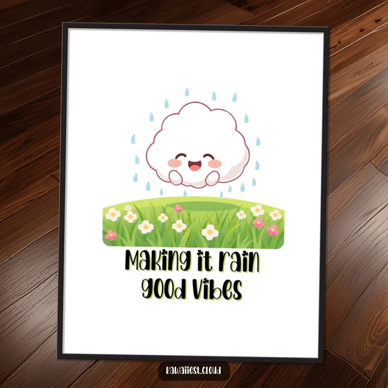 Funny Free Printable Wall Art: Joyful cloud character dad showering a field with gentle rain.