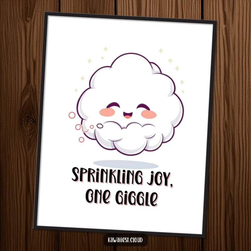 Funny free printable wall art featuring a giggling cloud character spraying a cloud of glittering mist.