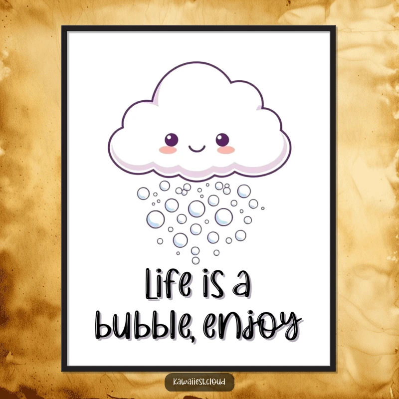 Funny Free Printable Wall Art: A whimsical cloud character joyfully emitting a delightful stream of tiny, shimmering, iridescent bubbles.