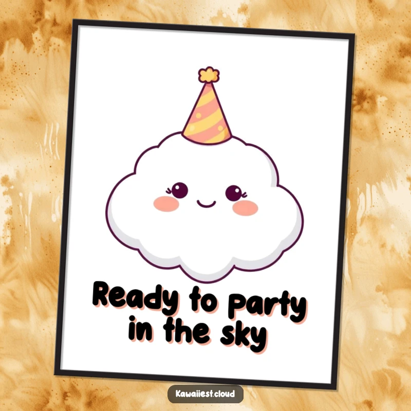 Funny Free Printable Wall Art: A cheerful cloud character joyfully wearing a small, colorful party hat, ready for celebration.
