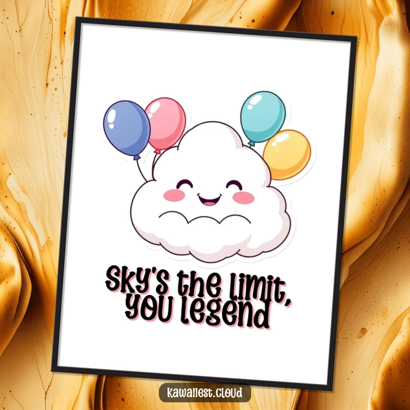 Funny Free Printable Wall Art: A cheerful, grinning cloud character joyfully floats by with a bunch of colorful balloons.