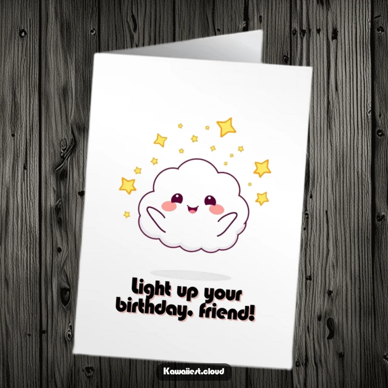 Funny free printable birthday card featuring a smiling cloud character enthusiastically launching glowing tiny fireflies into the night sky.
