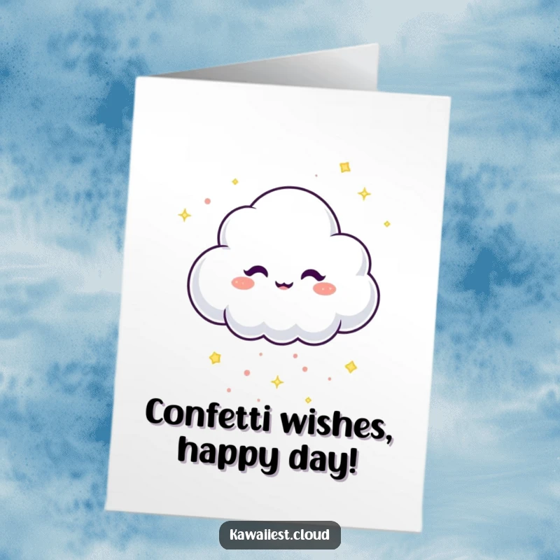 Funny free printable birthday card: a cloud with a mischievous twinkle drops sparkling confetti, adding playful surprise to celebrations.