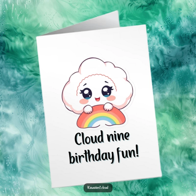 Free printable happy birthday card featuring a delighted cloud character with large eyes watching a vibrant rainbow form in the sky.