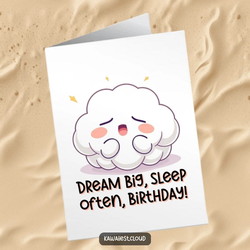 Funny Free Printable Birthday Card featuring a sleepy cloud character mid-yawn, radiating calm light.