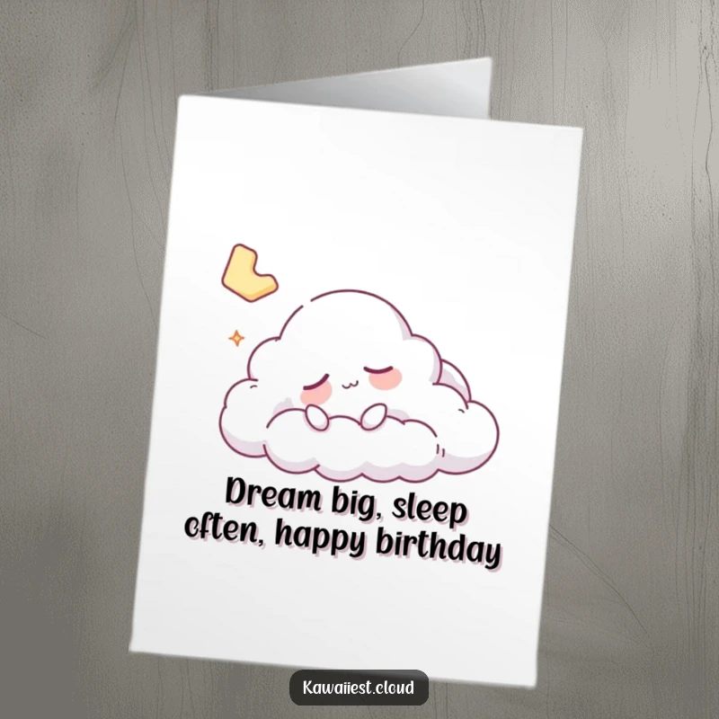 Funny Free Printable Birthday Card: A sleepy cloud character drifts peacefully, dreaming of sweet slumber