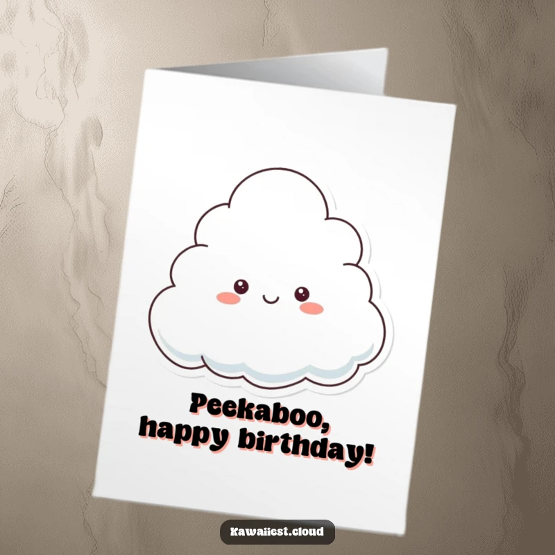 Funny Free Printable Birthday Card with a playful cloud character peeking from behind a larger cloud, a charming downloadable greeting.