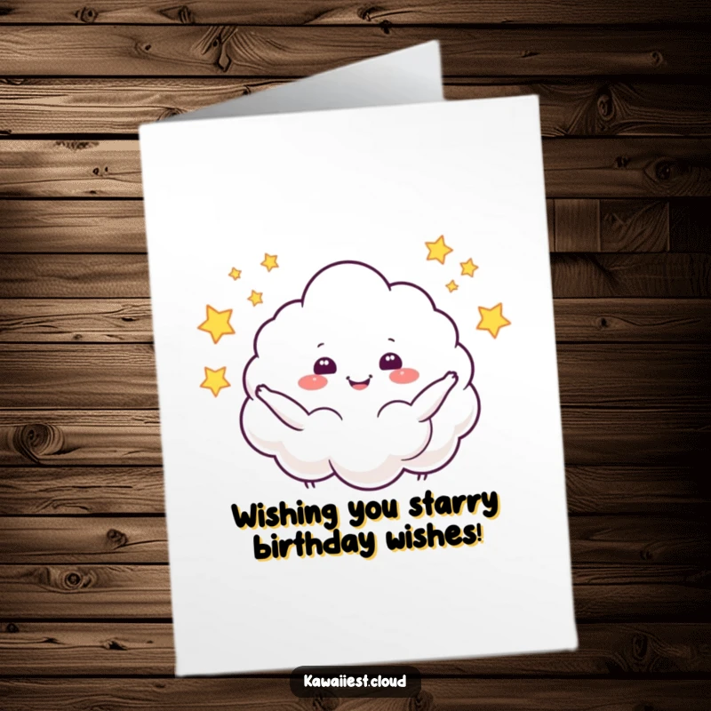 Funny Free Printable Birthday Card: Cheerful cloud character juggling sparkling stars, a GIFTable cosmic celebration.