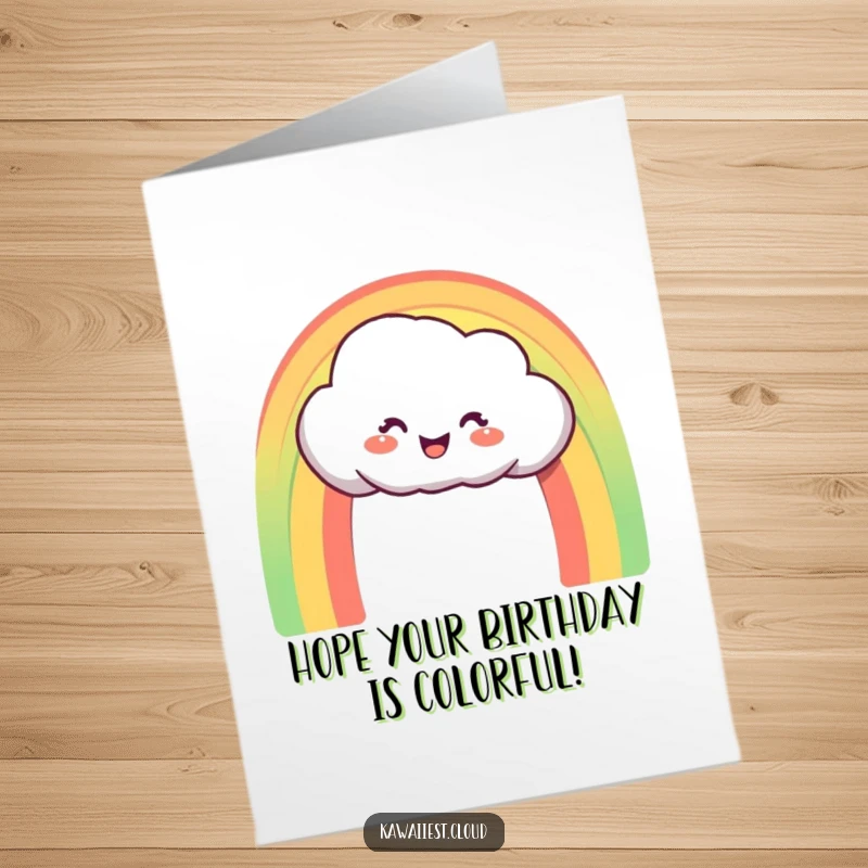 Funny Free Printable Birthday Card: Delighted cloud character creating a vibrant rainbow arch.