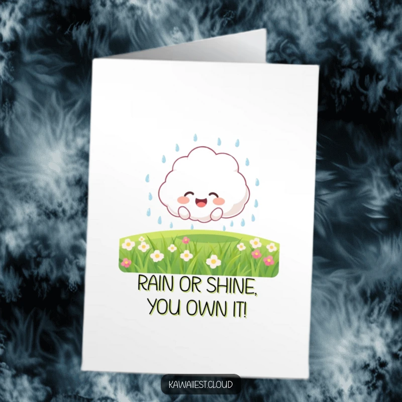 Funny Free Printable Birthday Card: Cute cloud character dad showering gifts with a joyful expression.