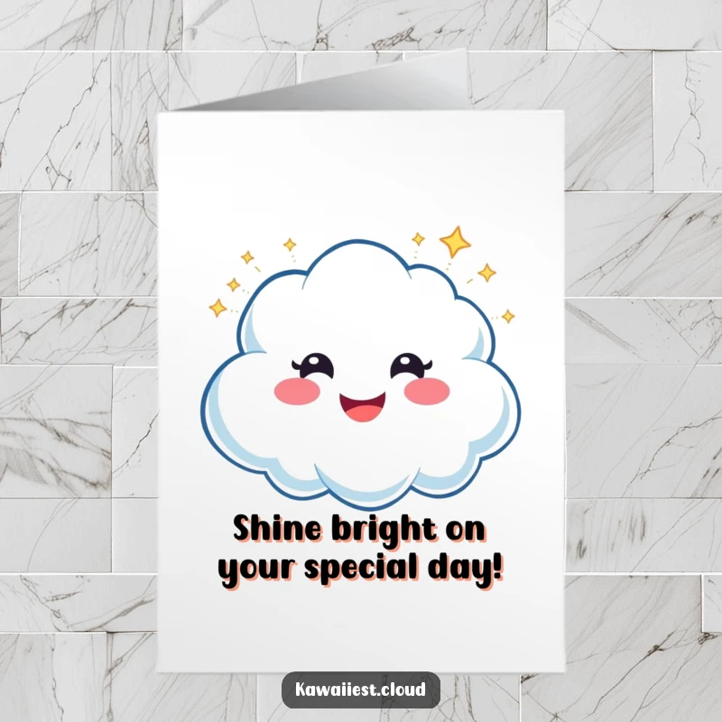 Funny Free Printable Birthday Card: A happy cloud character smiling wide and releasing a cascade of playful sparkles.