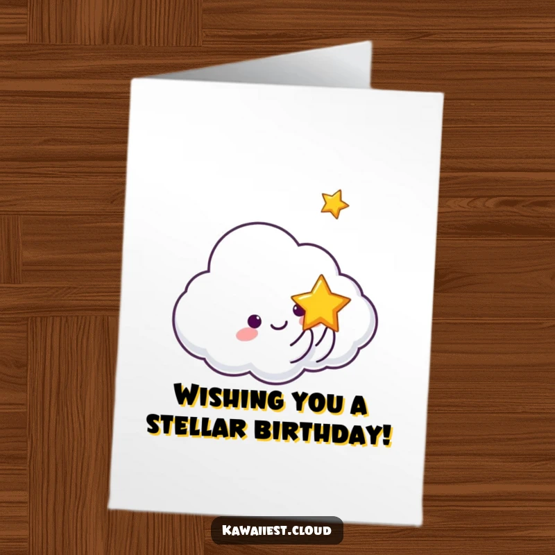 Funny Free Printable Birthday Card: A cloud character joyfully tossing a miniature, smiling star high into the air.