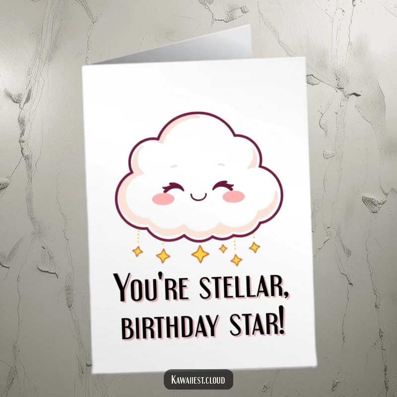 Funny Free Printable Birthday Card: Smiling cloud character winking while dropping shimmering stars.