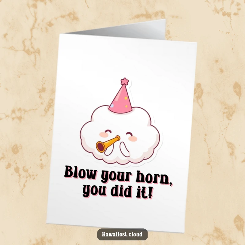 Funny free printable congratulations card: a cloud character in a party hat blowing a tiny trumpet to celebrate a big win.
