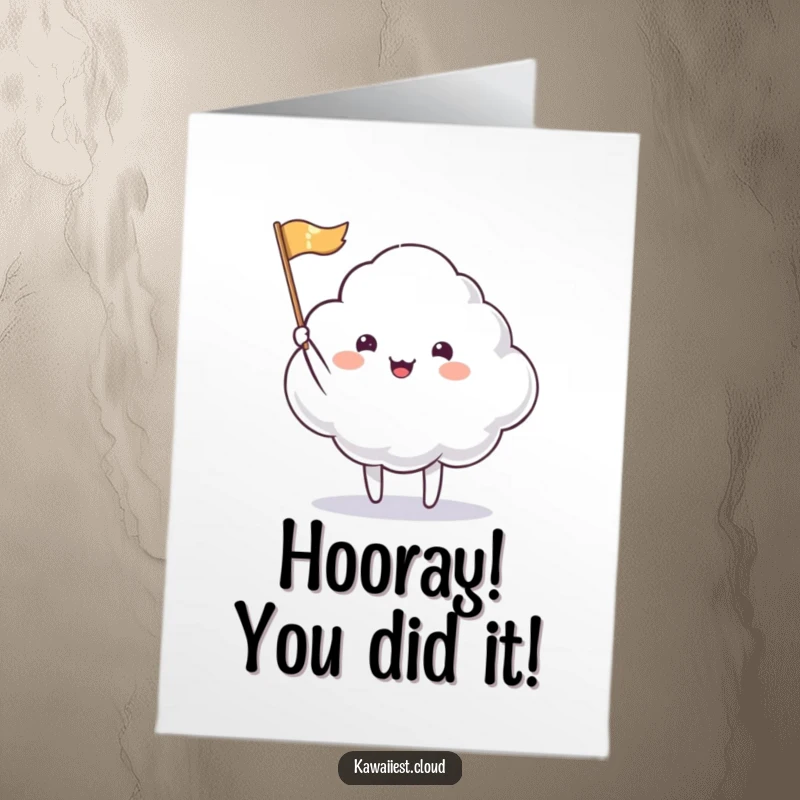 Funny Free Printable Congratulations Card: A delighted cloud character waving a shimmering little flag.