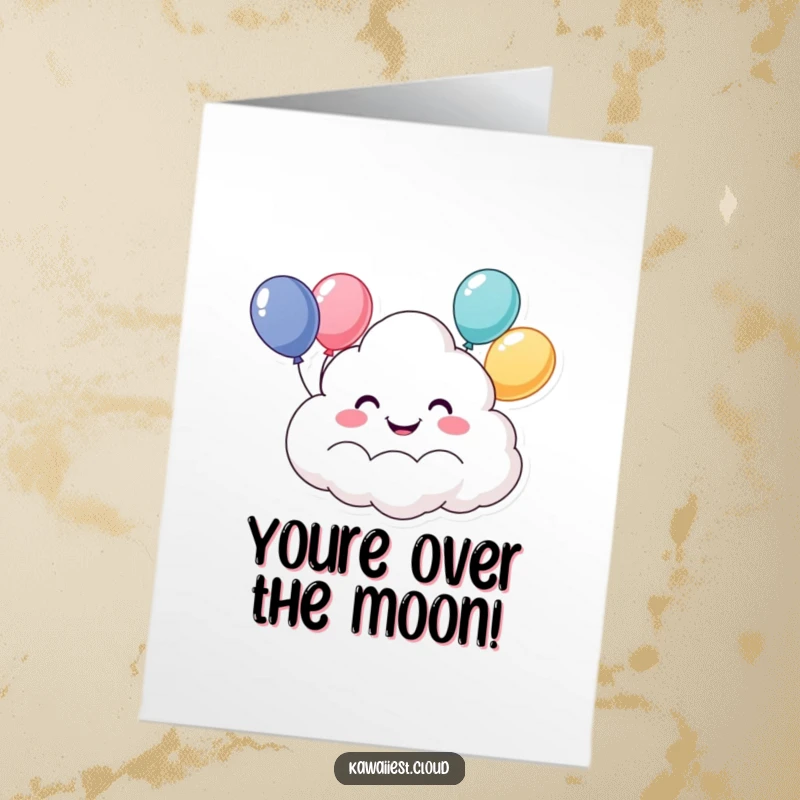 Free Printable Congratulations Card: A smiling cloud character floats with celebratory balloons, spreading good cheer.