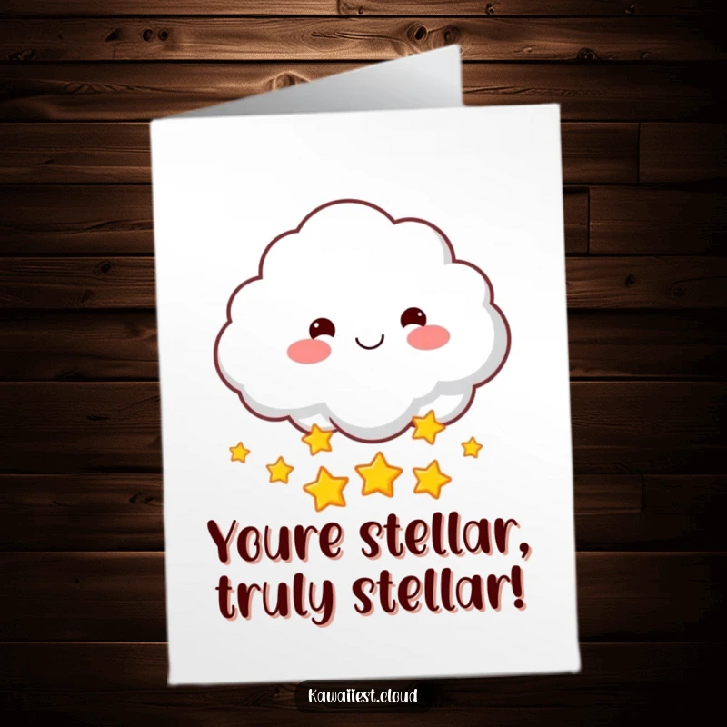 Free Printable Congratulations Card: A cloud character with rosy cheeks happily throws a shower of glittering stars.