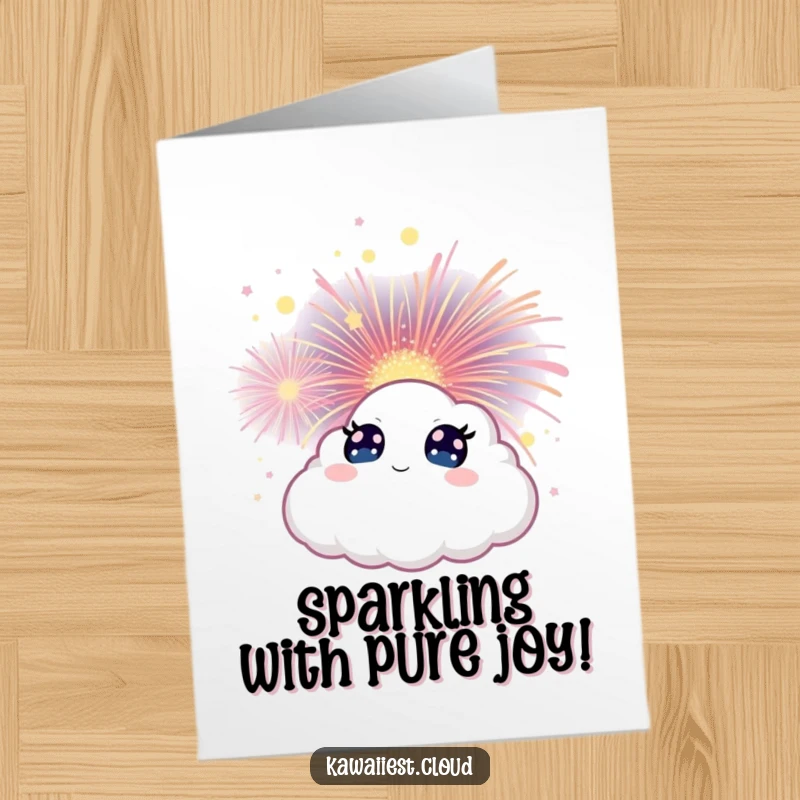 Funny Free Printable Congratulations Card. A cloud character with wide, amazed eyes observes a vibrant, magical firework bloom in the night sky.