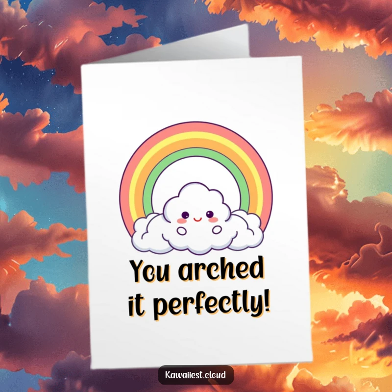 Funny Free Printable Congratulations Card featuring a cloud character making a perfect circle rainbow, a joyous downloadable message of success.