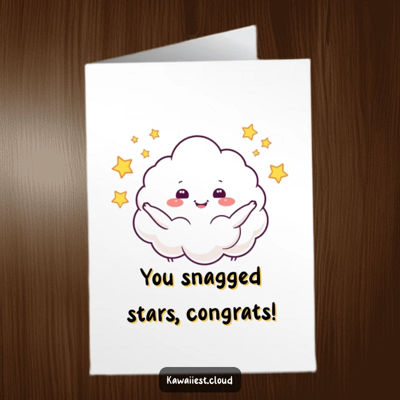 Funny Free Printable Congratulations Card: Cheerful cloud character juggling sparkling stars with glee, a dazzling downloadable gift.