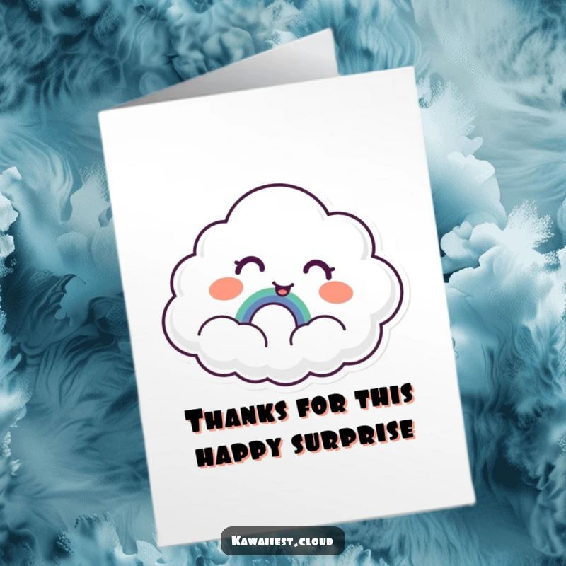 Funny Free Printable Cloud Thank You Card: A cloud character expressing delighted surprise at finding a small, cheerful rainbow.