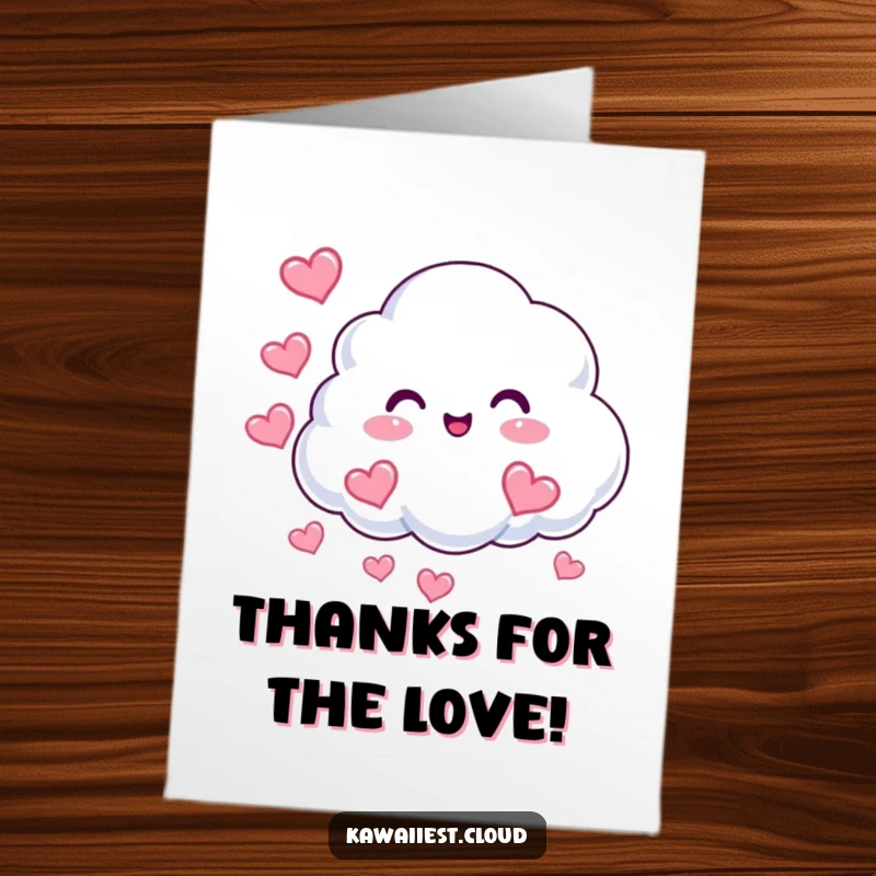 Funny Free Printable Heart Cloud Thank You Card: A beaming cloud blowing mist hearts, conveying warm thanks.