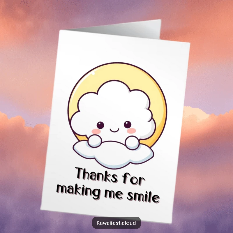 Funny free printable thank you card with a cheerful cloud character peeking from behind a moon.