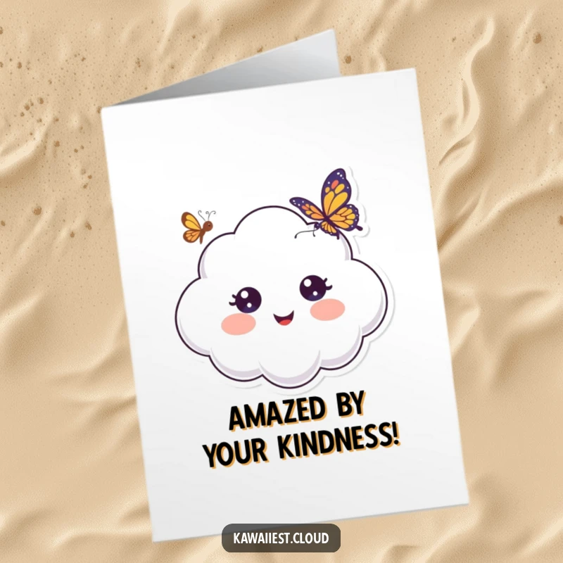 Funny Free Printable Thank You Card: A cloud with wide, innocent eyes reacting with awe to a beautiful butterfly landing nearby.