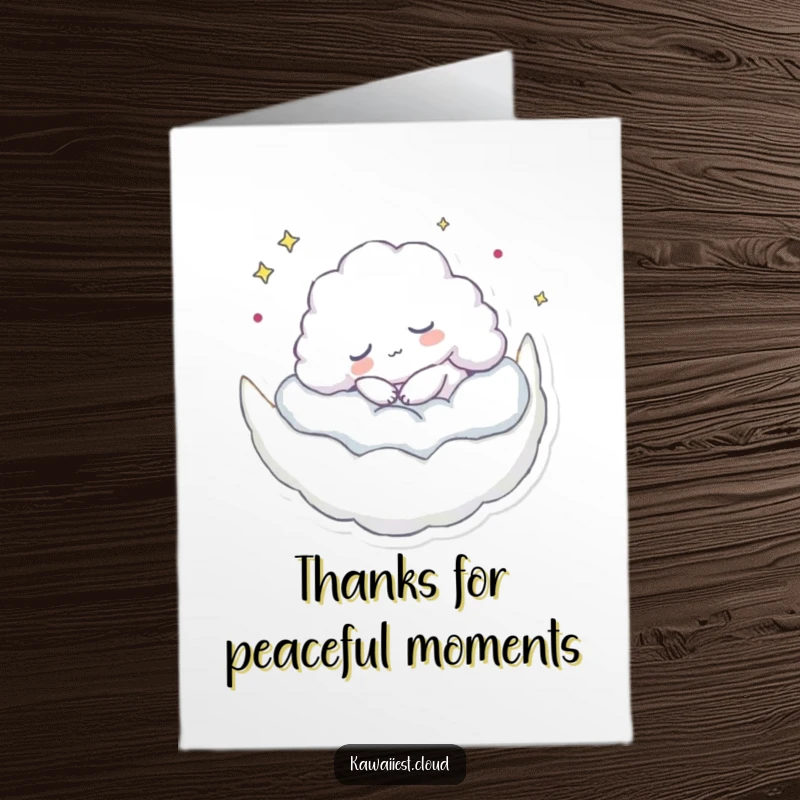 Funny free printable thank you card with a content cloud character napping soundly on a fluffy crescent moon.