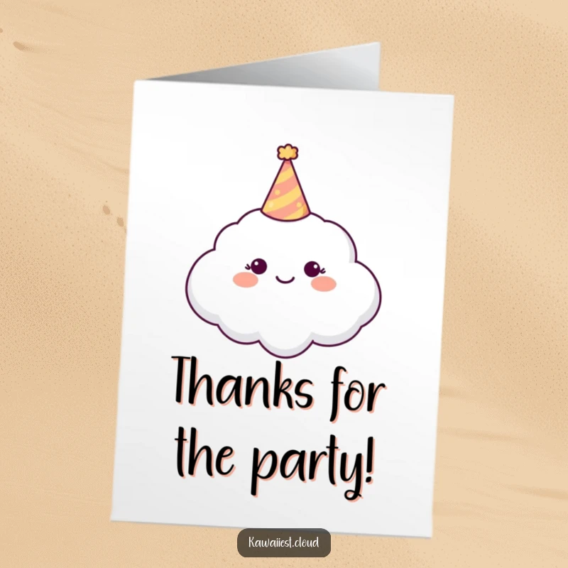 Funny Free Printable Thank You Card: A happy cloud character wearing a tiny, festive party hat, exuding cheerful gratitude.