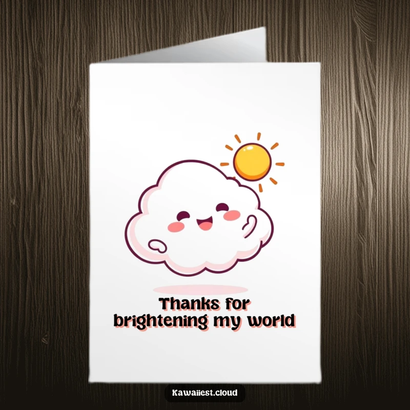 Funny Free Printable Thank You Card: A happy cloud character spinning a tiny, bright sun with a cheerful expression.