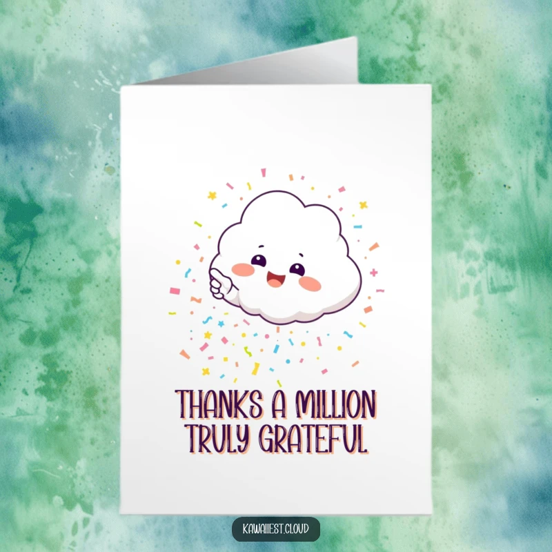 Funny Free Printable Thank You Card: A cheerful cloud character gestures towards a joyous burst of confetti, expressing thanks.
