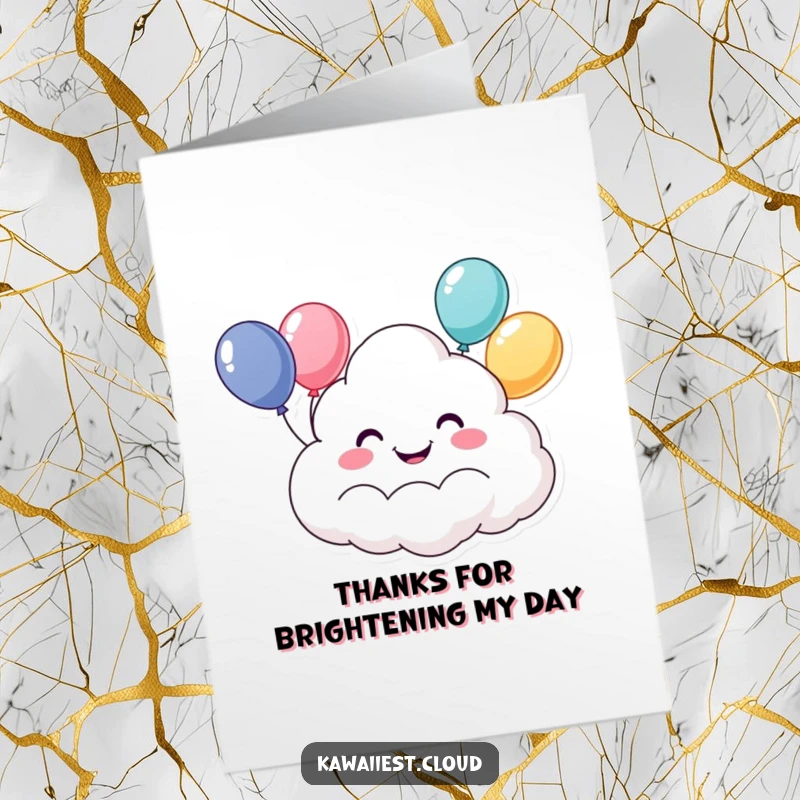 Free Printable Thank You Card: A happy cloud character with a huge grin carries balloons as a token of thanks.